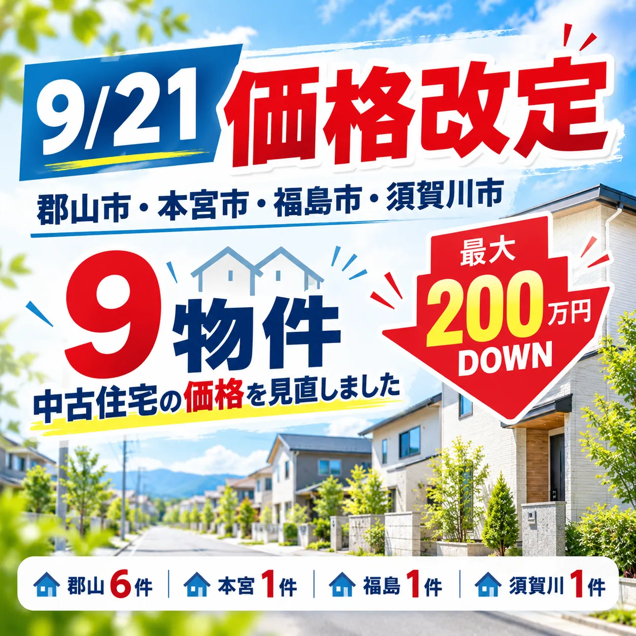 【9/21価格改定】郡山市・本宮市・福島市・須賀川市の9物件が価格改定しました！